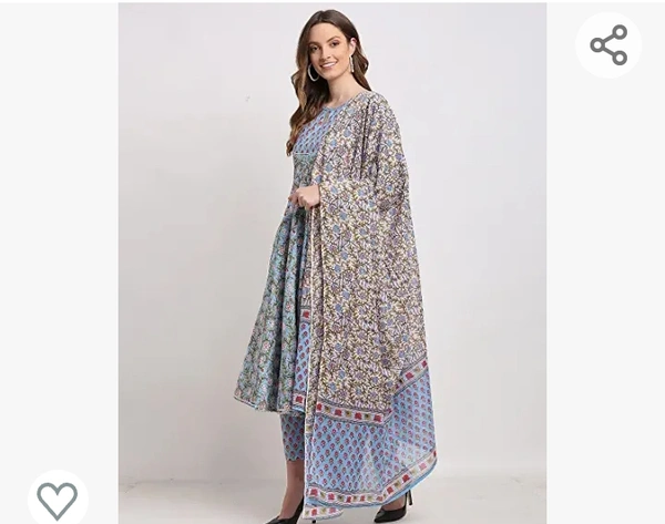 Monira Women's Pure Cambric Cotton Jaipuri Floral Printed Anarkali Kurta Set With Dupatta (Ready To Wear; Blue) - M. L. XL. XXL