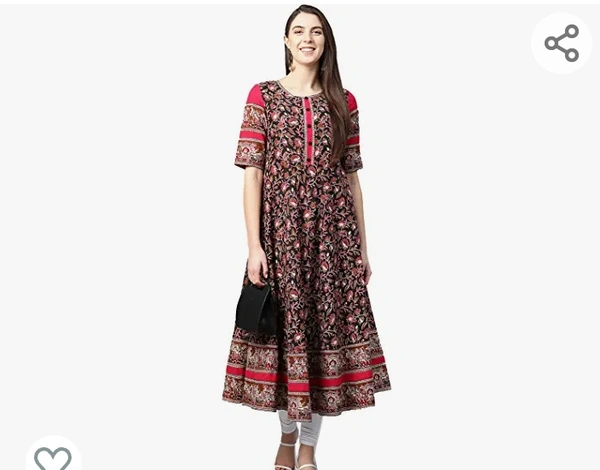 Yash Gallery Women's Cotton Floral Printed Anarkali Kurta (Black) - M. L. XL. XXL