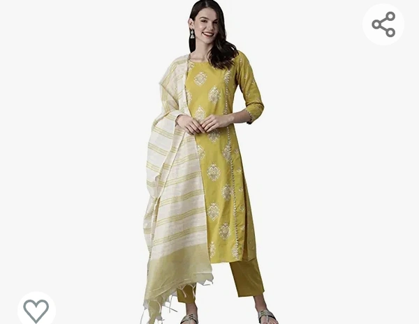 INDO ERA Women's Printed Pure Cotton Straight Kurta Trouser With Dupatta Set(RRRRR2042) - M. L. XL. XXL