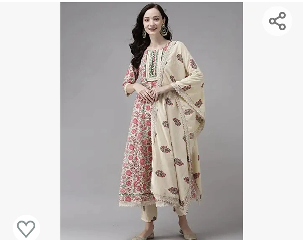 INDO ERA Women's Cotton Blend Printed Straight Kurta Trouser With Dupatta Set(KH0RD8090) - M. L. XL. XXL