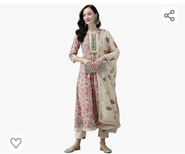 INDO ERA Women's Cotton Blend Printed Straight Kurta Trouser With Dupatta Set(KH0RD8090) - M. L. XL. XXL