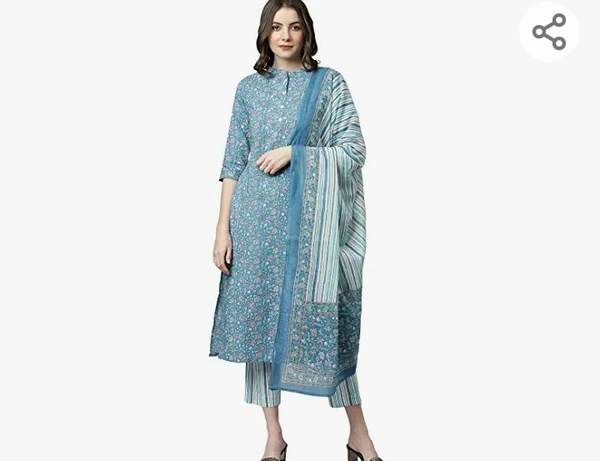Janasya Women's Blue Cotton Kurta With Pant And Dupatta - M. L. XL. XXL