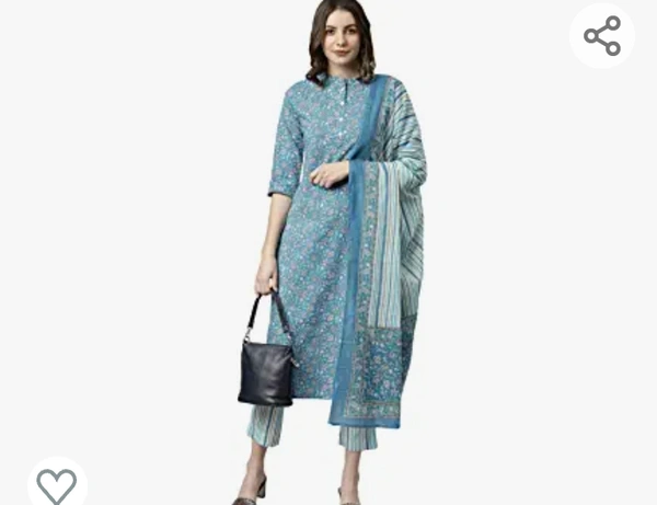 Janasya Women's Blue Cotton Kurta With Pant And Dupatta - M. L. XL. XXL