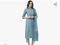 Janasya Women's Blue Cotton Kurta With Pant And Dupatta - M. L. XL. XXL