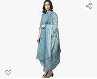 Janasya Women's Blue Cotton Kurta With Pant And Dupatta - M. L. XL. XXL