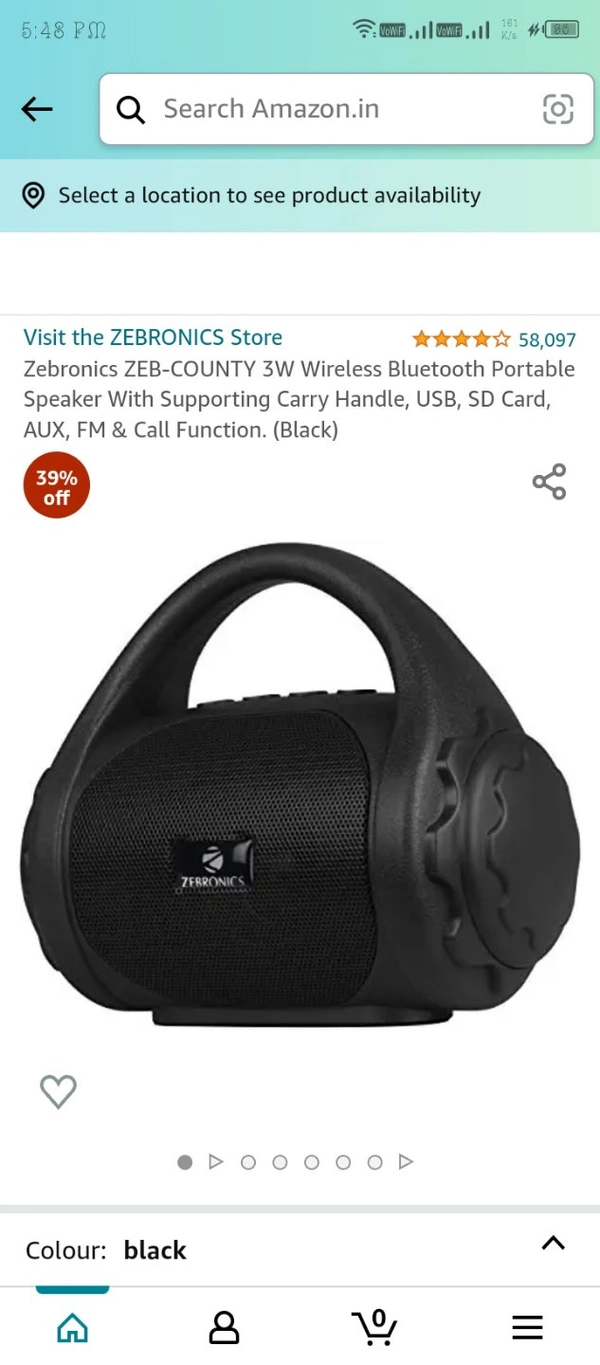 Zebronics ZEB-COUNTY 3W Wireless Bluetooth Portable Speaker With Supporting Carry Handle, USB, SD Card, AUX, FM & Call Function. (Black)39%off