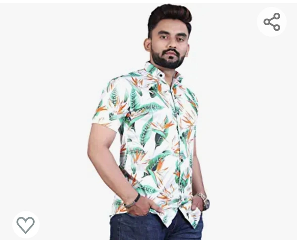 Royal Radius Men's Lycra White Shirt Green Leaf Printed Stitched Half Sleeve Shirt - M. L. XL. XXL