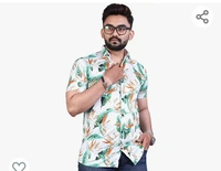 Royal Radius Men's Lycra White Shirt Green Leaf Printed Stitched Half Sleeve Shirt - M. L. XL. XXL