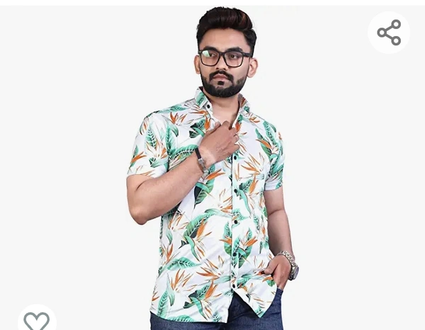 Royal Radius Men's Lycra White Shirt Green Leaf Printed Stitched Half Sleeve Shirt - M. L. XL. XXL