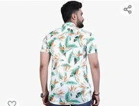 Royal Radius Men's Lycra White Shirt Green Leaf Printed Stitched Half Sleeve Shirt - M. L. XL. XXL