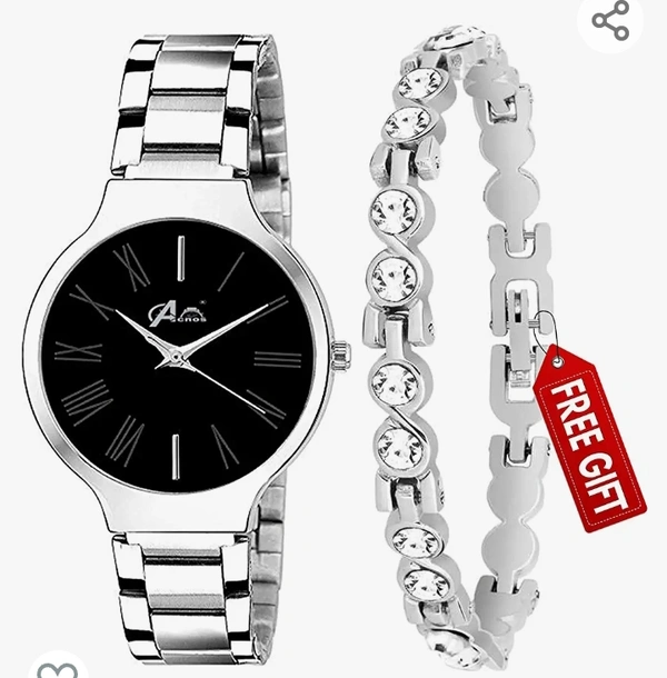 Acnos Brand - A Branded Watch 4 Different Dial Black-Blue-Pink-White Stainless Steel Silver Band with Silver braclet and Watch for Women Watch for Girls