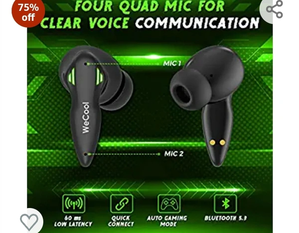 Wellcool WeCool Moonwalk M4 ENC Gaming Earbuds, 48 Hours Playtime, Dedicated Gaming Mode, Deep Bass, 55 ms Low Latency, Dual Mic for Clear Calling, Touch Control, Bluetooth 5.3, Type C Charging, Auto Pairing