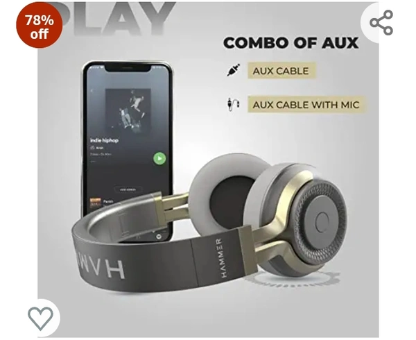 Hammer Bash 2.0 Over The Ear Wireless Bluetooth Headphones with Mic, Deep Bass, Foldable Headphones, Upto 8 Hours Playtime, Workout/Travel, Bluetooth 5.0 (Grey)