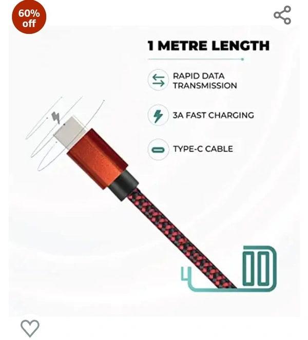 Hammer Unbreakable 3.1A Fast Charging Braided Type C Cable – 1 Meter (Red)