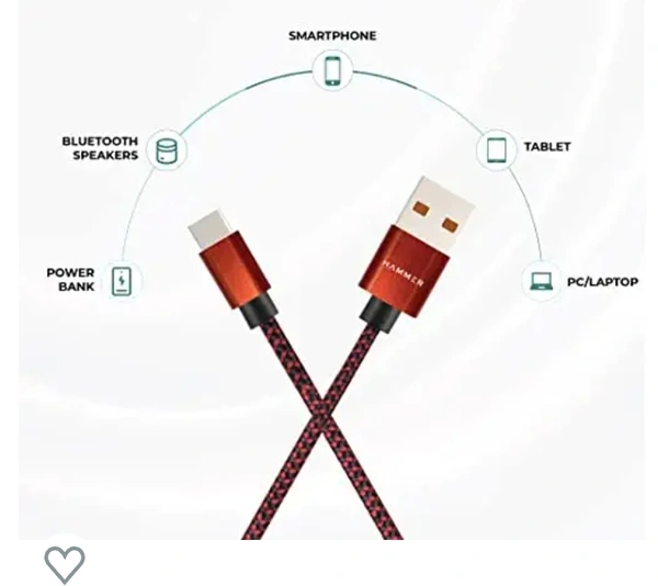 Hammer Unbreakable 3.1A Fast Charging Braided Type C Cable – 1 Meter (Red)