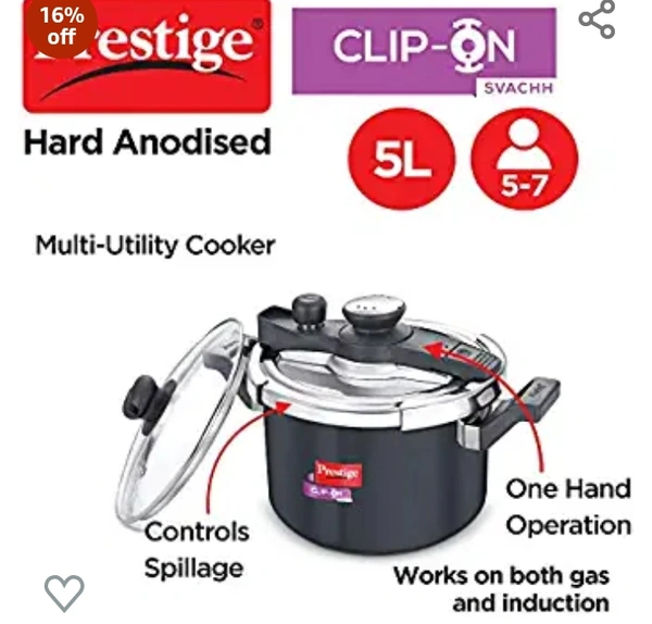 Prestige Svachh Clip-on 5 Litre Hard Anodised Outer Lid Aluminium Pressure Cooker, Black16%off