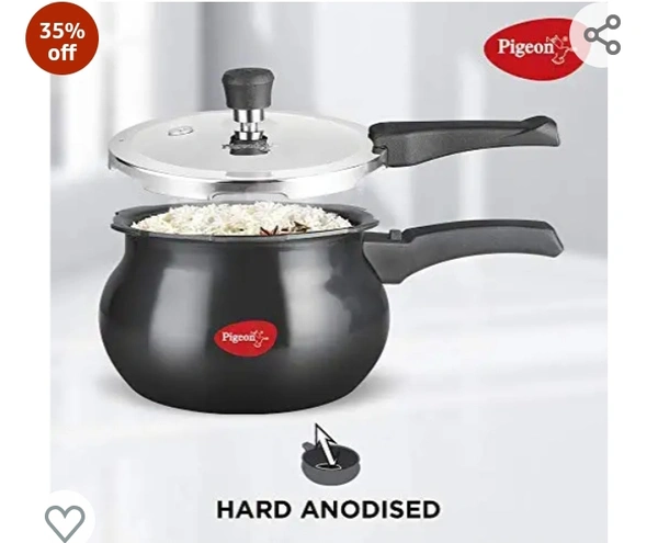 Pigeon by Stovekraft 12639 Titanium Hard Anodised Aluminium Outer Lid Handi Pressure Cooker, 3 Litres, Black35%off