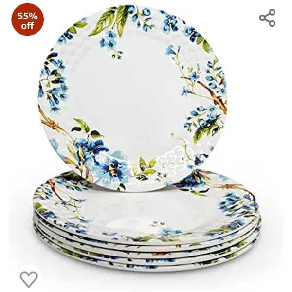 Konvio Melamine Dinner Plates Set of 6, White Floral Design Unbreakable Plates (White, 11 inches) - 6 Pieces55%off