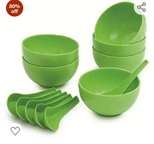 Bolt Microwave Safe Plastic Round Shape Soup Bowls Set (Small, Green) - 6 Bowl and 6 Spoon80%off