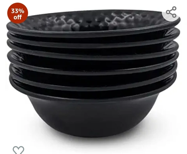 Konvio Kitchen Melamine Vegetable Bowl Set of 6 Bowls, Black Posh Unbreakable Vegetable Bowl (4.7 inches, 6 Pieces, 230ml Each)