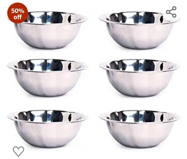 Embassy Stainless Steel Curve Light-Weight Mixing Bowl, Size 1, Pack of 6, 700 ml, 17 cms (Bowls for Storing, Serving; Ideal for Gifting, Thinner Gauge)Amazon'sChoicefor "stainless steel
