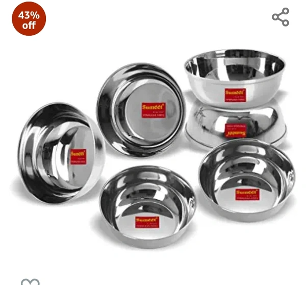 Sumeet Stainless Steel Solid Bowl Set/Wati Set - 200 ml, 6 Pcs, Silver