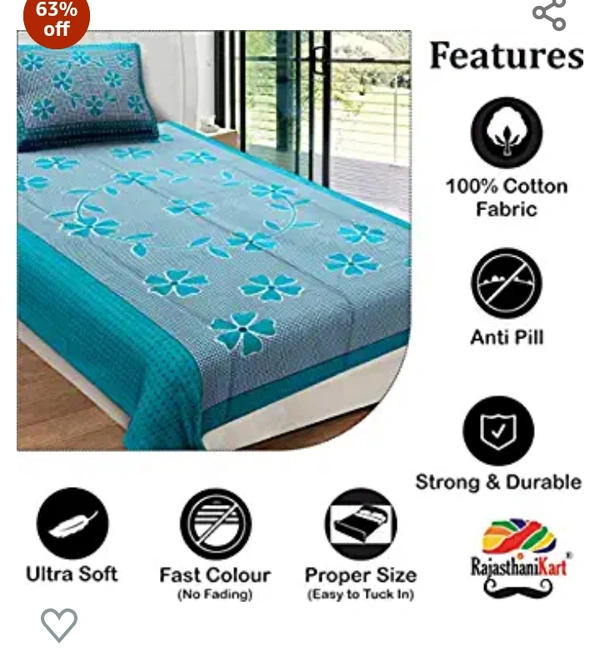 Rajantanik RajasthaniKart Pure Cotton 144 TC Single Size Bed Sheet with 1 Pillow Cover - Bedsheet for Single Bed (Green, Single Bedsheets Cotton,154