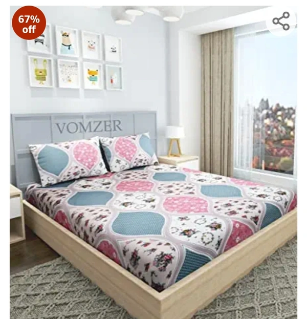 Vomzer VOMZER - Home Décor 200TC Elastic Fitted Double Bed Bedsheets with 2 Pillow Cover - King Size 78" x 72 (White Pink)67%off