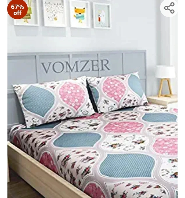 Vomzer VOMZER - Home Décor 200TC Elastic Fitted Double Bed Bedsheets with 2 Pillow Cover - King Size 78" x 72 (White Pink)67%off