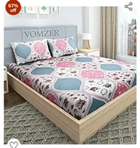 Vomzer VOMZER - Home Décor 200TC Elastic Fitted Double Bed Bedsheets with 2 Pillow Cover - King Size 78" x 72 (White Pink)67%off