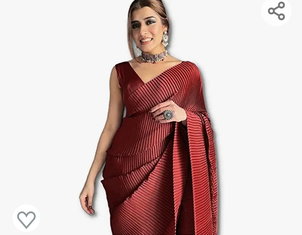 Marketmega Market Magic World Women's Creasing Plain Silk Saree Full Crushed Satin Half Pleated Ethnic Festive Crepe Design With Unstitched Blouse Piece - L. XL. XXL