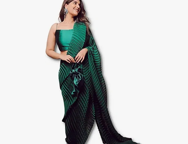 Market Mega Market Magic World Women's Creasing Plain Silk Saree Full Crushed Satin Half Pleated Ethnic Festive Crepe Design With Unstitched Blouse Piece - L. XL. XXL