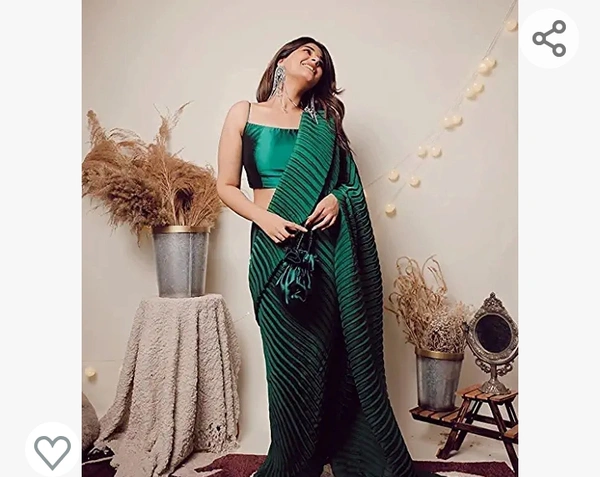 Market Mega Market Magic World Women's Creasing Plain Silk Saree Full Crushed Satin Half Pleated Ethnic Festive Crepe Design With Unstitched Blouse Piece - L. XL. XXL