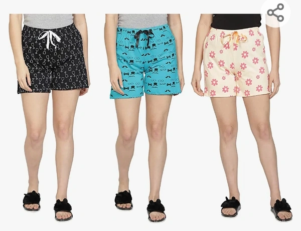 Club A9 Women's Cotton Printed Regular Shorts - Pack of 3 (Green, Black, Peach) - M. L. XL. XXL