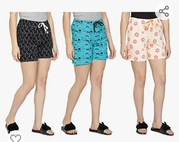 Club A9 Women's Cotton Printed Regular Shorts - Pack of 3 (Green, Black, Peach) - M. L. XL. XXL