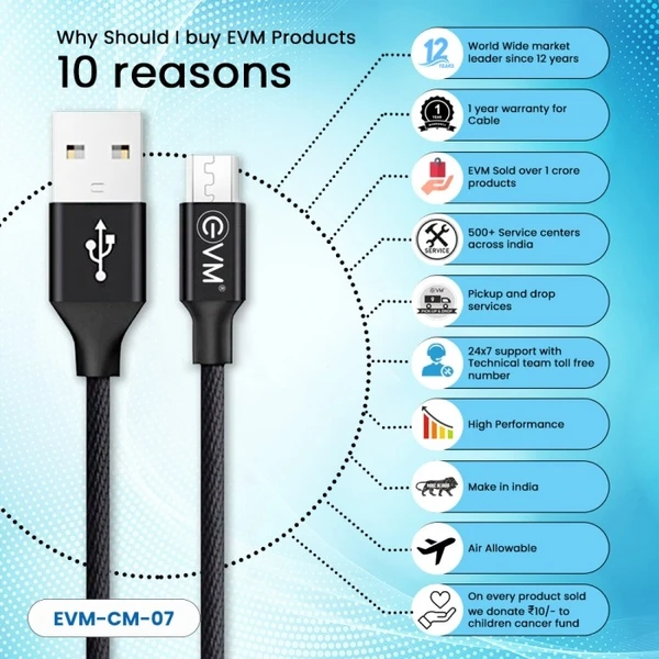 MICRO USB DATA CABLE (1 METER & 4 AMP ) EVM-CM-07 - Black