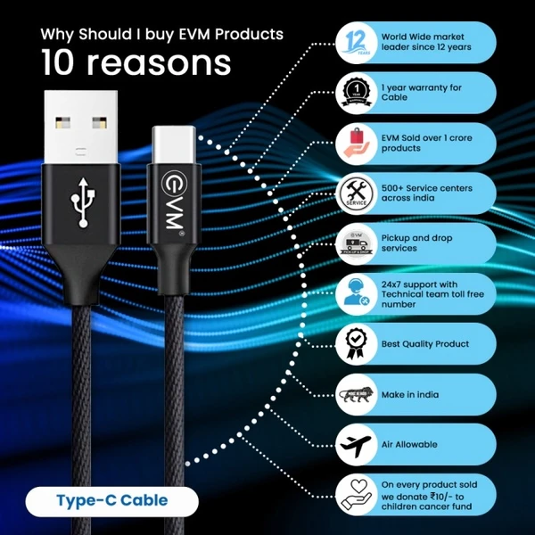 EVM USB Type C Cable 1.2 m CM-05  (Compatible with Tablet, Mobile, Black) - Black