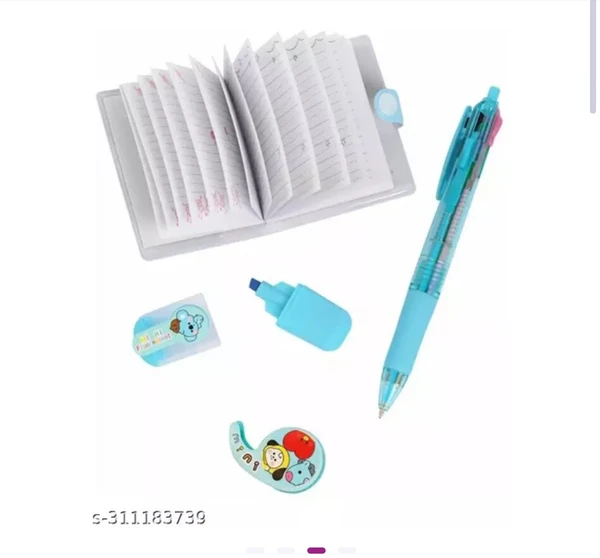 KIDSY BITSY BT21 stationery set for kids- set of (mini diary, tape dispenser, 4 in 1 pen, highlighter). Best for gift and return gift for kidsName: KIDSY BITSY BT21 stationery set for kids- set of (mini diary, tape dispenser, 4 in 1 pen, highlighter). Best for gift and return gift for kidsType: OthersNet Quantity (N): 1Country of Origin: India - Cyan Aqua