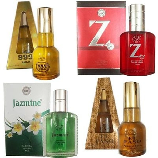 DSP 999 GOD APPAREL PERFUME (30 ML) (1 PCS) + DSP EL FASO APPAREL PERFUME (30 ML) (1 PCS) + DSP JASMINE APPAREL SPRAY (30 ML) (1 PCS) + DSP RED ZX APPAREL SPRAY (30 ML) (1 PCS)
