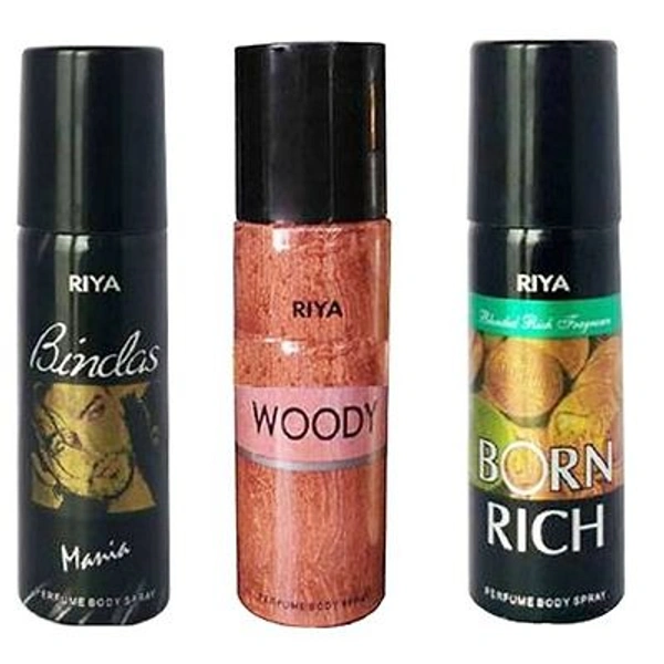 1 RIYA MANIA BODY SPRAY ( 150 ML) + 1 RIYA BORN RICH BODY SPRAY ( 150 ML) + 1 RIYA WOODY BODY SPRAY ( 150 ML)