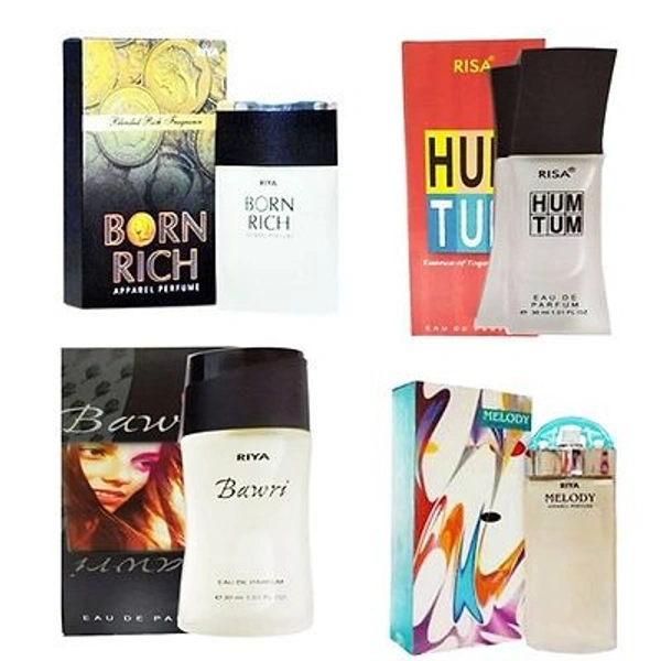 1 RIYA BAWRI PERFUME ( 30 ML) + 1 RIYA MELODY PERFUME ( 30 ML) + 1 RIYA BORN RICH PERFUME ( 30 ML) + 1 RIYA HUM TUM PERFUME ( 30 ML)