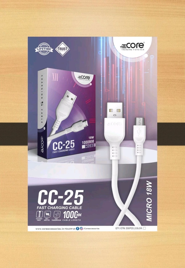 18W MICRO FAST CHARGING CABLE. Core CC-25  - White, 1000MM