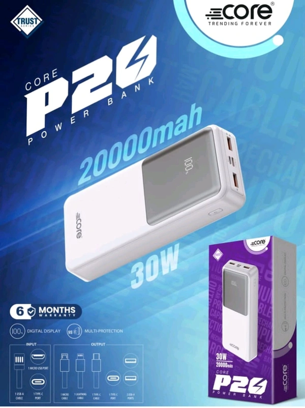 Power Bank 20000Mah Battery 30W Fast Charging Core P20 - White