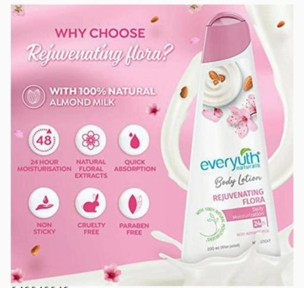 24 hours Protection Body lotion with Almond Milk, Non sticky, 200ml, Rejuvenating Flora