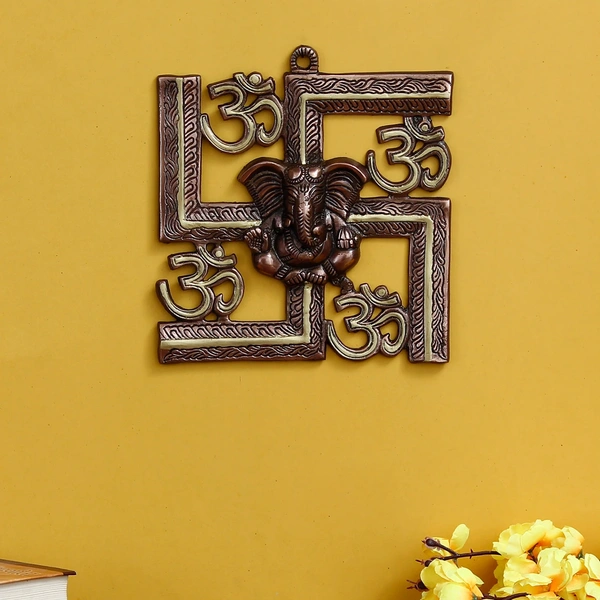 Metal Religious Swastik Om Symbol With Lord Ganesha Wall Hanging