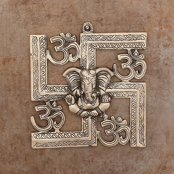 Silver Lord Ganesha On Om Swastik Metal Wall Hanging