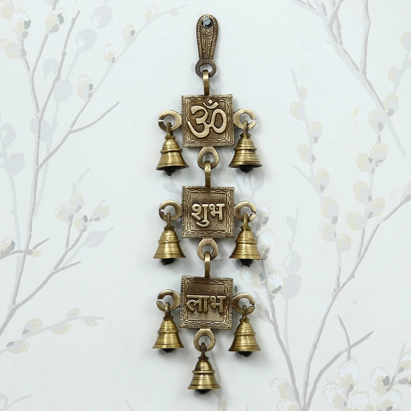 Brown Om Shubh Labh Brass Wall Hanging Bells