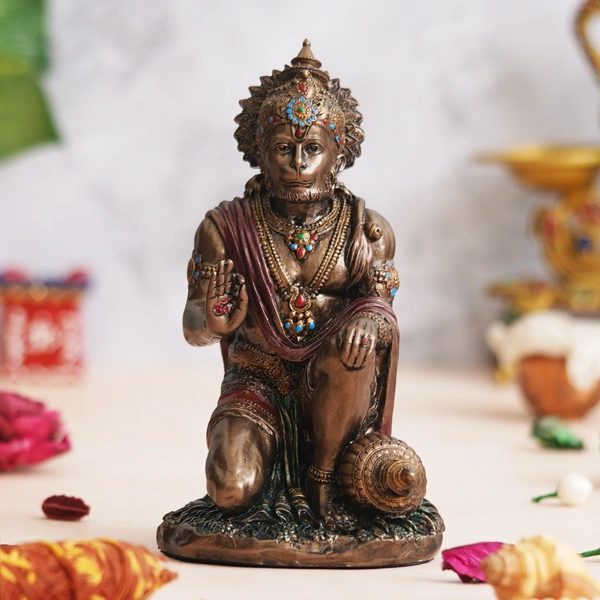 Rustic Gold Blessing Hanuman Statue Sitting With Gada