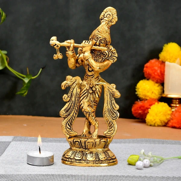 Golden Lord Krishna Playing Flute Idol