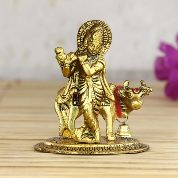 Golden Metal Lord Krishna Playing Flute With Cow Showpiece